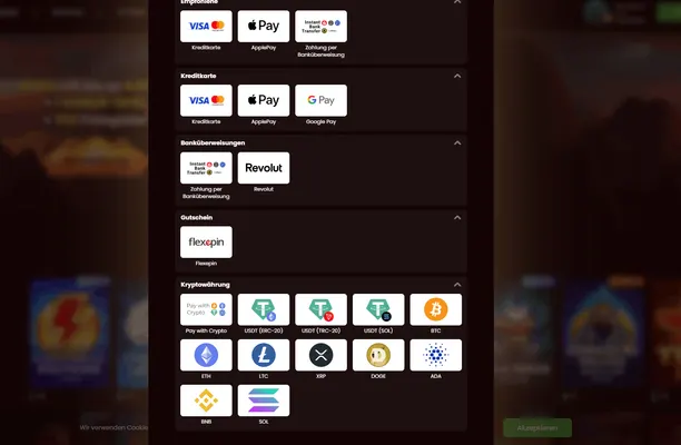 Captura de pantalla del depósito y métodos de pago de Dragonslots Casino